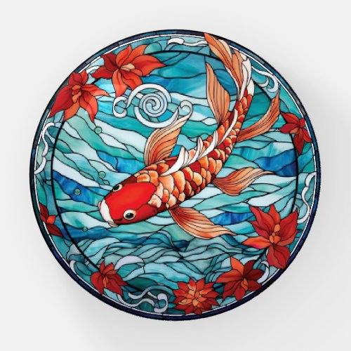 Stained Glass Asian Style Koi Fish and Camellias Paperweight