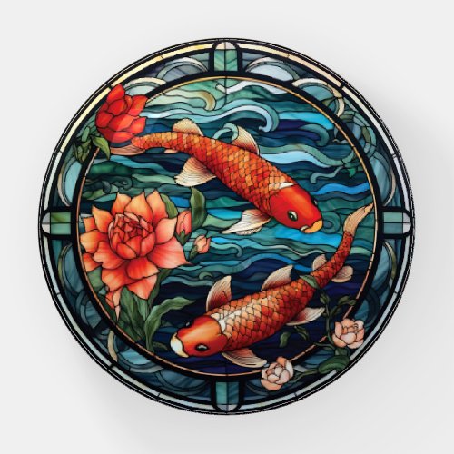 Stained Glass Asian Style Koi Fish and Camellias Paperweight