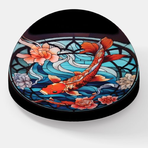 Stained Glass Asian Style Koi Fish and Camellias Paperweight