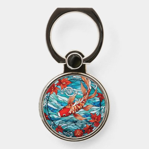 Stained Glass Asian Style Koi Fish and Camellias Phone Ring Stand