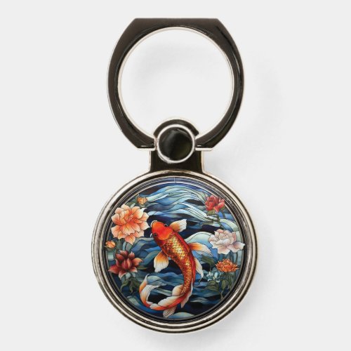Stained Glass Asian Style Koi Fish and Camellias Phone Ring Stand