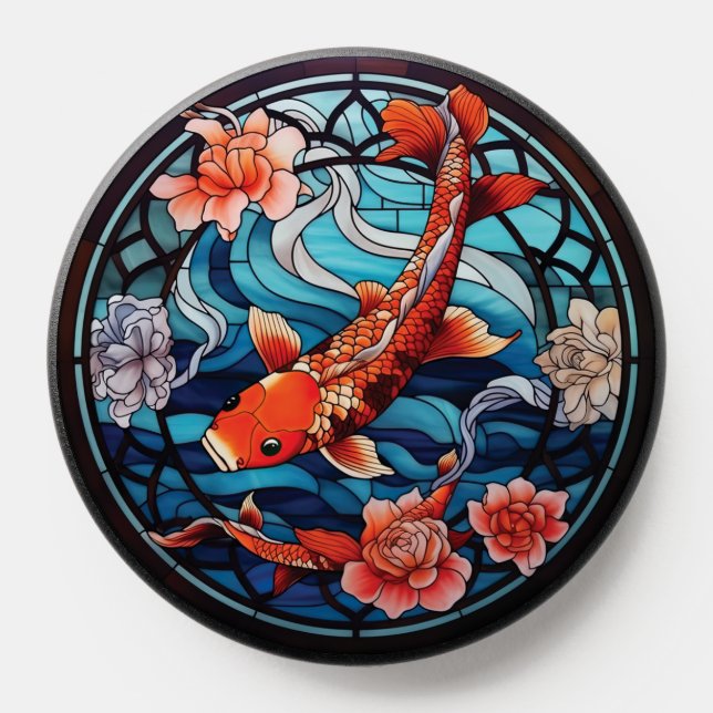 Stained Glass Asian Style Koi Fish and Camellias PopSocket (Popsocket)
