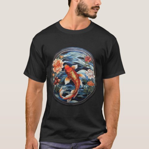 Stained Glass Asian Style Koi Fish and Camellias T_Shirt