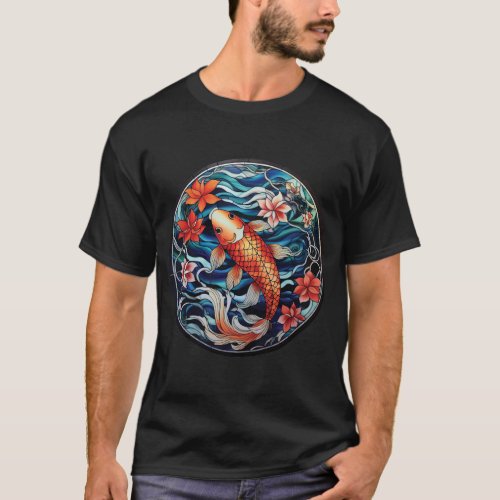 Stained Glass Asian Style Koi Fish and Camellias T_Shirt