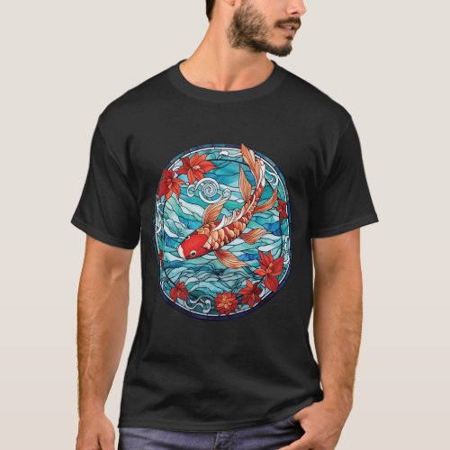 Stained Glass Asian Style Koi Fish and Camellias T_Shirt