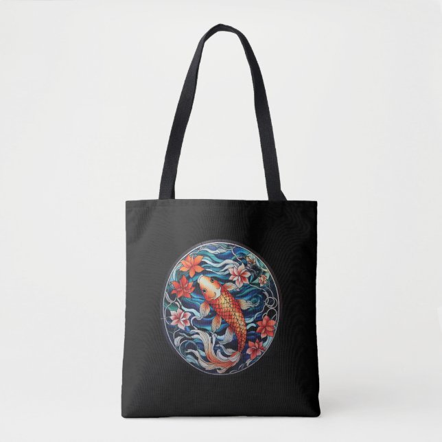 Stained Glass Asian Style Koi Fish and Camellias Tote Bag (Front)