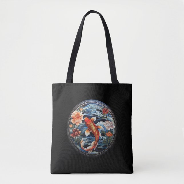 Stained Glass Asian Style Koi Fish and Camellias Tote Bag (Front)