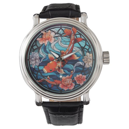 Stained Glass Asian Style Koi Fish and Camellias Watch