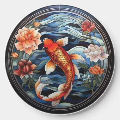 Stained Glass Asian Style Koi Fish and Camellias Wireless Charger
