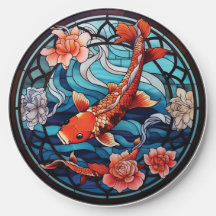Stained Glass Asian Style Koi Fish and Camellias