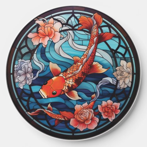 Stained Glass Asian Style Koi Fish and Camellias Wireless Charger