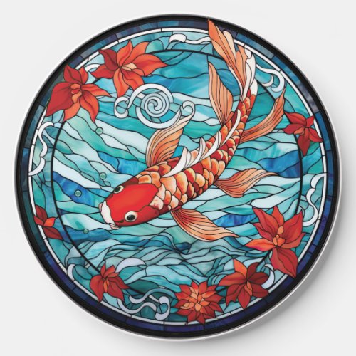 Stained Glass Asian Style Koi Fish and Camellias Wireless Charger