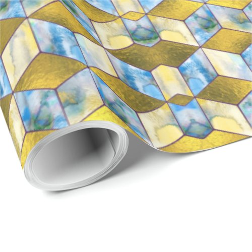 Stained Glass Baby Blocks in Blue and Gold Wrapping Paper