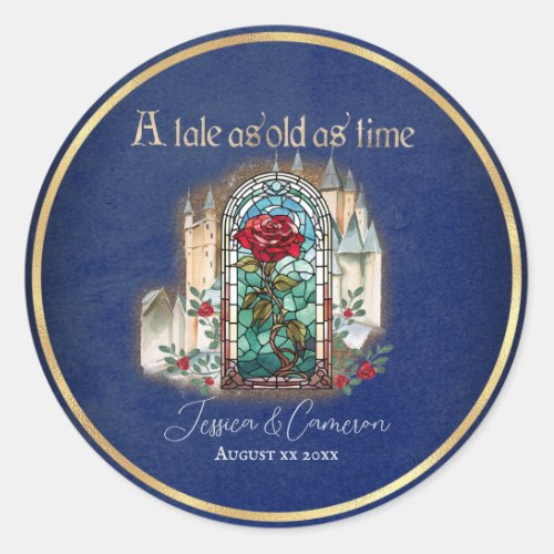 Stained Glass Beauty and the Beast Castle on Blue Classic Round Sticker