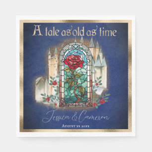 Stained Glass Beauty and the Beast Castle on Blue Napkins