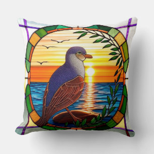 🐦 Stained Glass Bird Sunset Ocean Decor 🌅 Throw Pillow