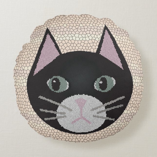 Stained Glass Black Cat, Beige Round Pillow (Front)