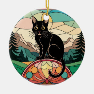 Stained Glass, Black Cat Colourful Stained Glass Ceramic Ornament