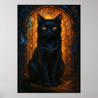 Stained Glass Black Cat Fantasy Artwork Poster