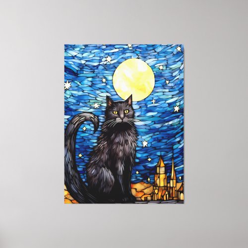Stained Glass Black Cat Starry Night Canvas Print