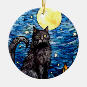 Stained Glass Black Cat Starry Night Ceramic Ornament