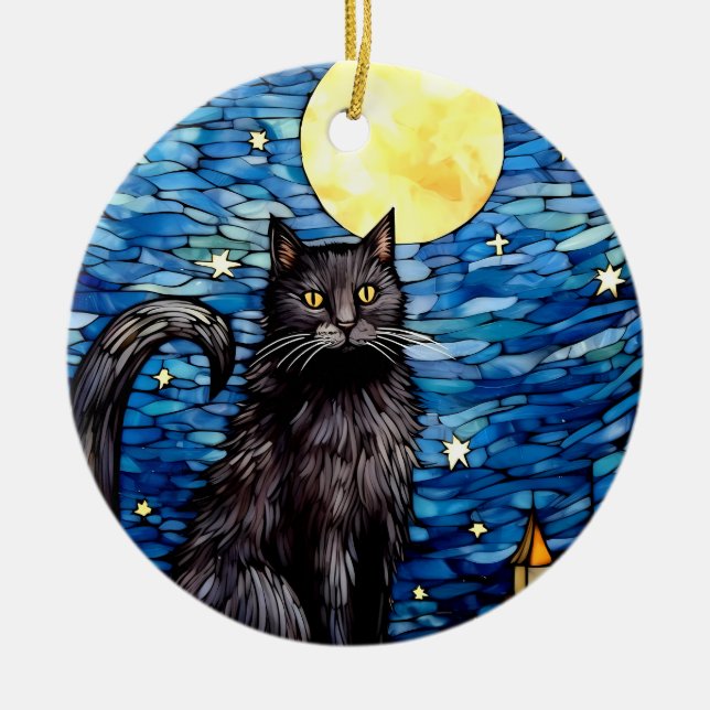 Stained Glass Black Cat Starry Night Ceramic Ornament (Front)
