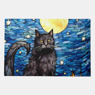 Stained Glass Black Cat Starry Night Doormat