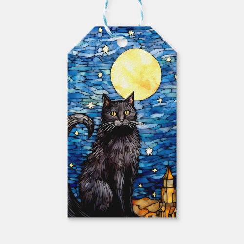 Stained Glass Black Cat Starry Night Gift Tags