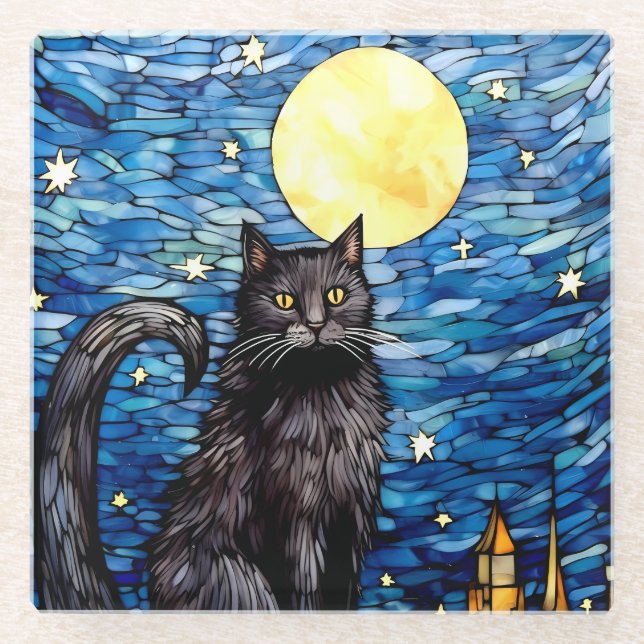 Stained Glass Black Cat Starry Night Glass Coaster (Front)