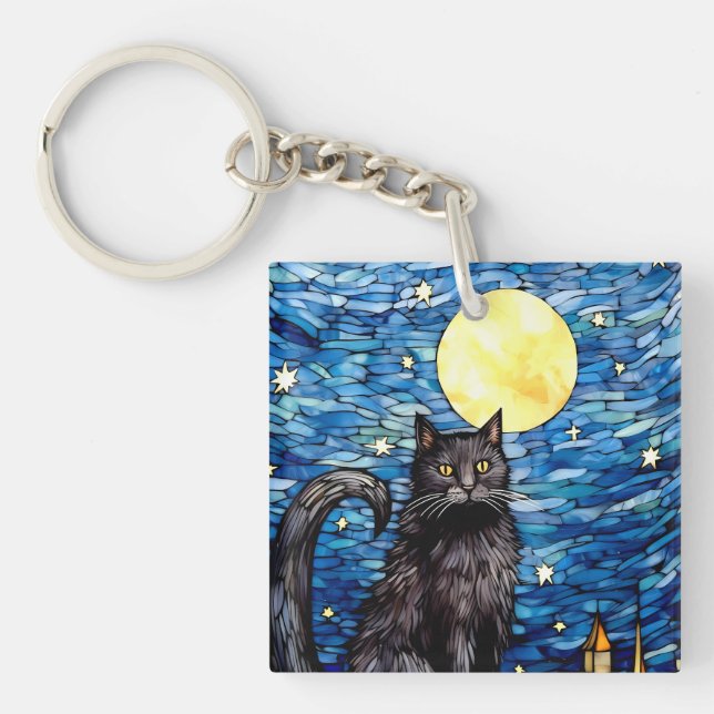 Stained Glass Black Cat Starry Night Keychain (Front)