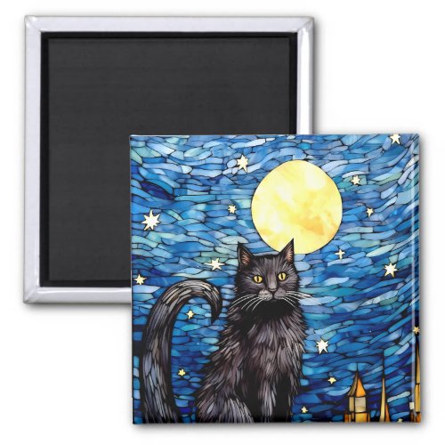 Stained Glass Black Cat Starry Night Magnet