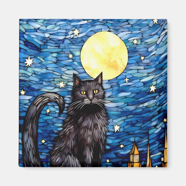 Stained Glass Black Cat Starry Night Magnet (Front)