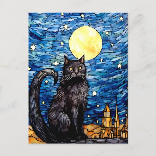 Stained Glass Black Cat Starry Night Postcard