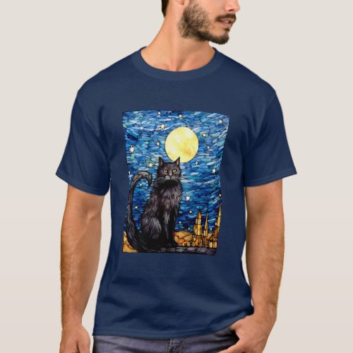 Stained Glass Black Cat Starry Night T_Shirt