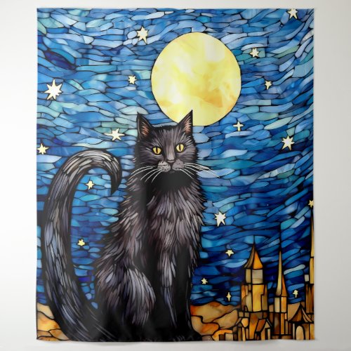 Stained Glass Black Cat Starry Night Tapestry