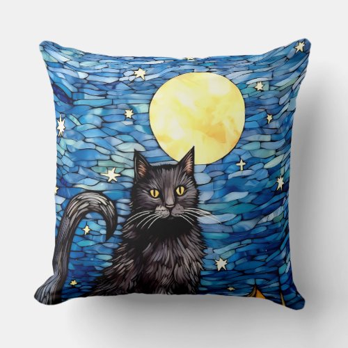 Stained Glass Black Cat Starry Night Throw Pillow