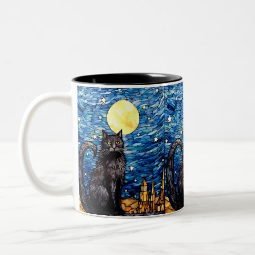 Stained Glass Black Cat Starry Night Two_Tone Coffee Mug