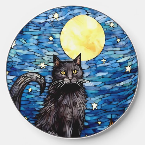 Stained Glass Black Cat Starry Night Wireless Charger