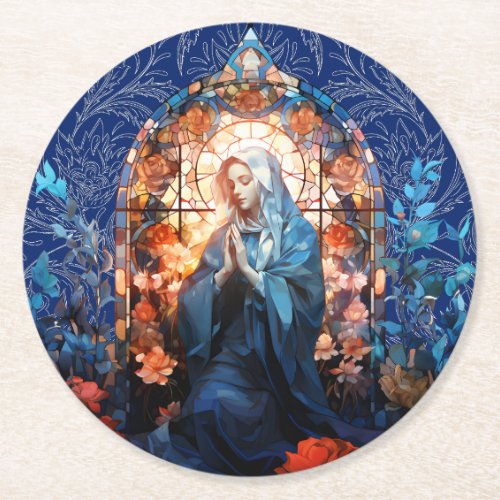 Stained Glass Blessed Virgin Mary Round Paper Coaster