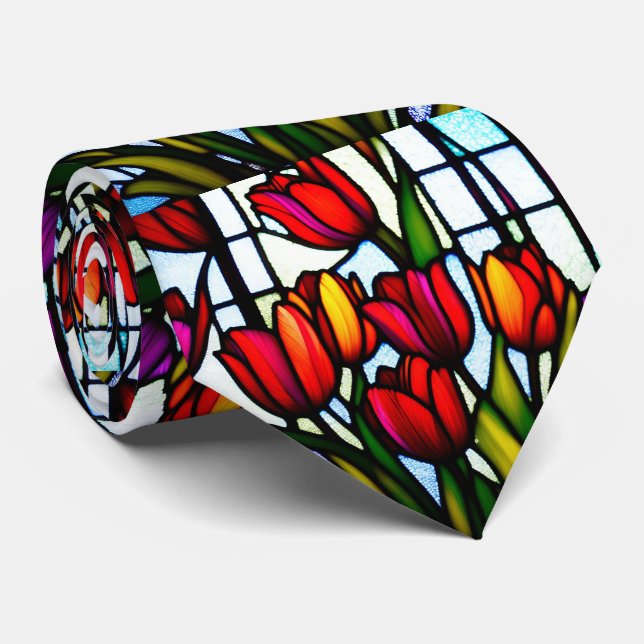"Stained Glass Blooms: Leadlight Tulips in Color" Neck Tie (Rolled)