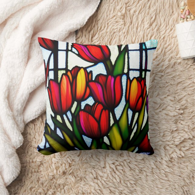 "Stained Glass Blooms: Leadlight Tulips in Color" Throw Pillow (Blanket)