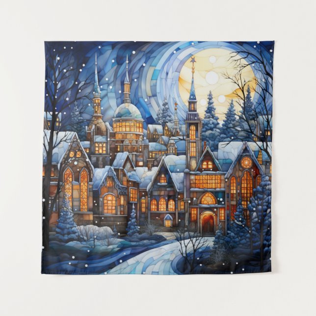 Stained Glass Blue Christmas Tapestry (Front)