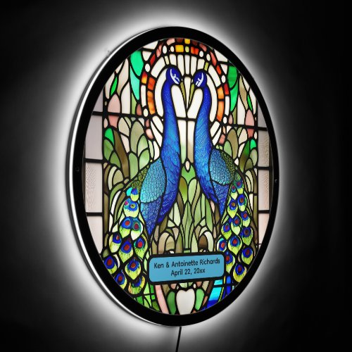 Stained Glass Blue Peacock Couple Illuminated Sign