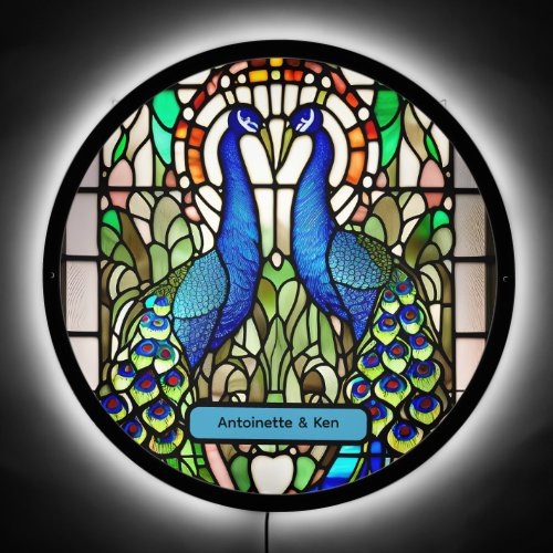 Stained Glass Blue Peacock Couple Illuminated Sign