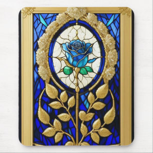💙 Stained Glass Blue Rose Glow Elegant Floral Art Mouse Pad