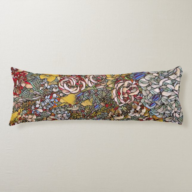 Stained Glass Botanical Floral Body Pillow (Front)