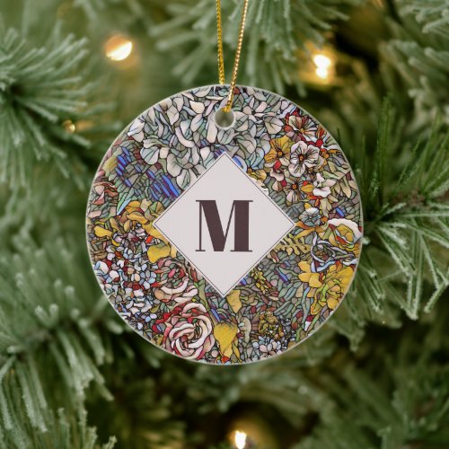 Stained Glass Botanical Floral Monogram Ceramic Ornament