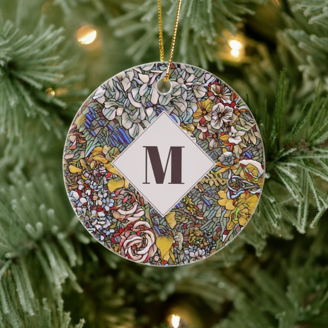 Stained Glass Botanical Floral Monogram Ceramic Ornament (Tree)