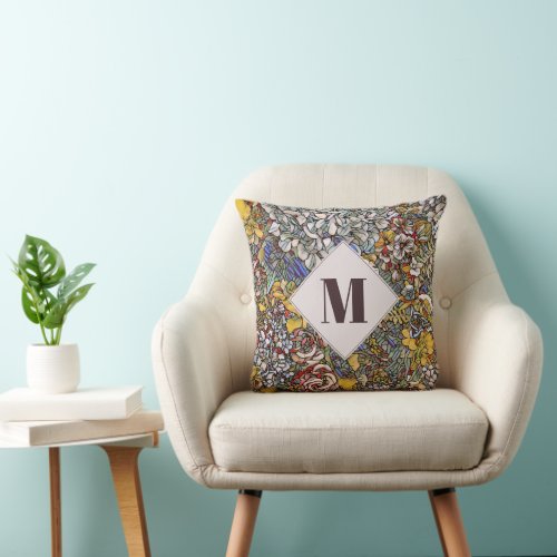 Stained Glass Botanical Floral Monogram Throw Pillow
