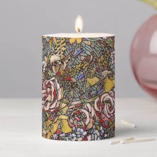 Stained Glass Botanical Floral Pillar Candle